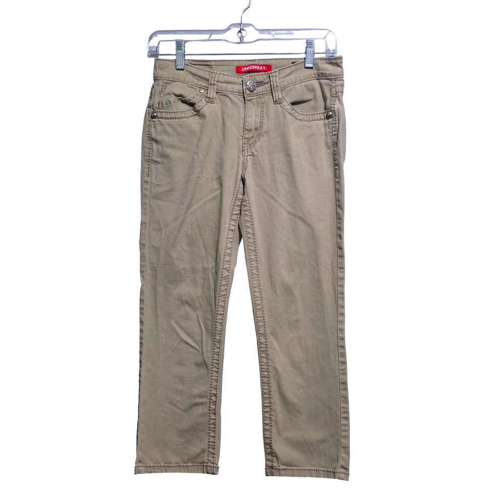 Unionbay Womens Mid Rise Cropped Pants Khaki Tan Embroidered Straight Leg Size 3